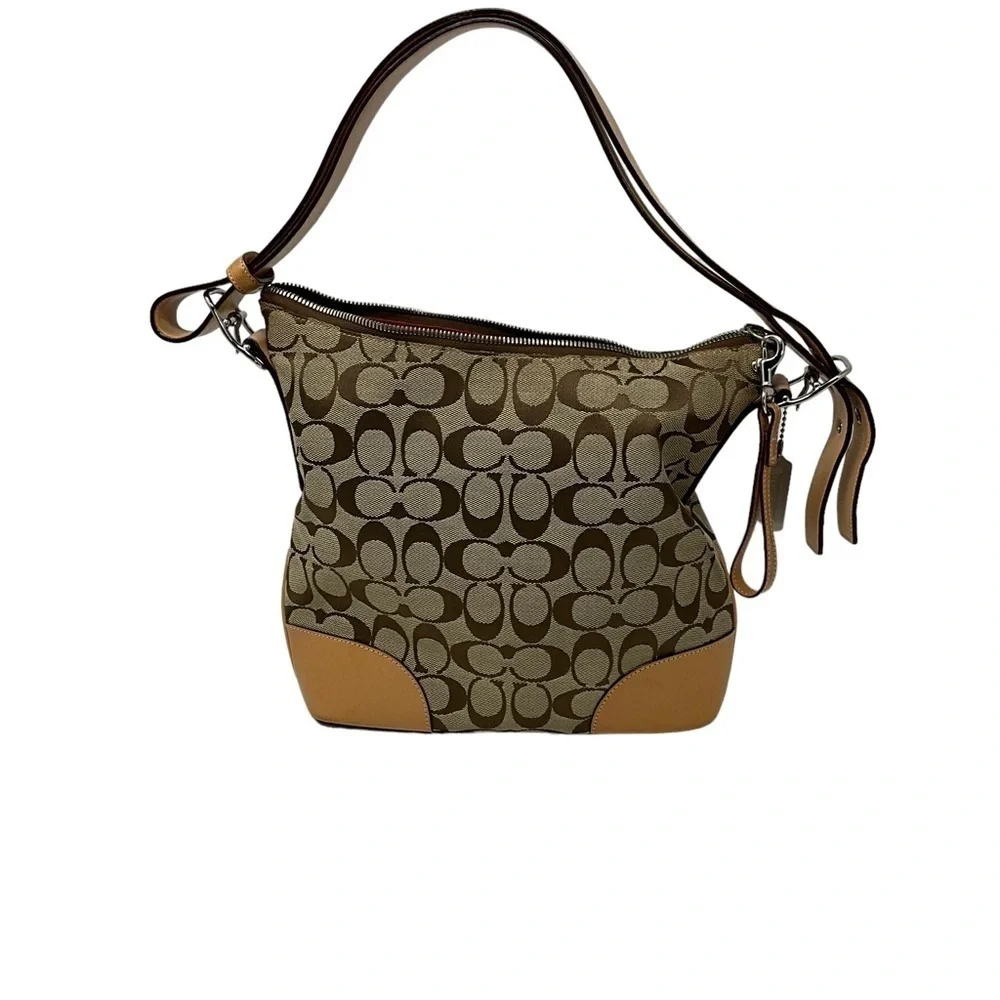Coach‎ L2K-6347 Hobo Signature Tote Leather Trim Brown Logo Canvas Bag